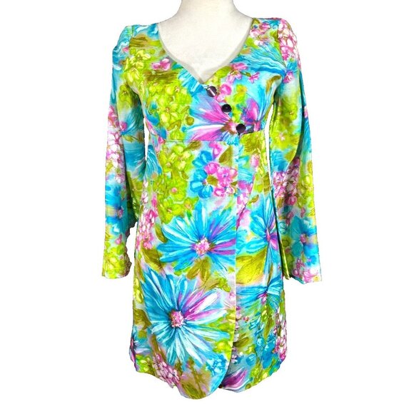 VINTAGE 70s Bright Floral Handmade Baby  Doll Tunic Pant Set Womens Bell Bottom - Picture 2 of 16